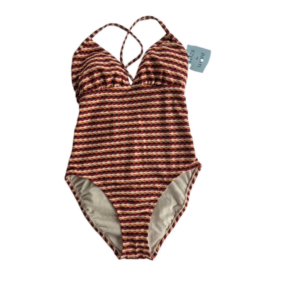 Womens One-Piece Swimsuit Striped Brown M (8-10) Ribbed Cheeky (345)